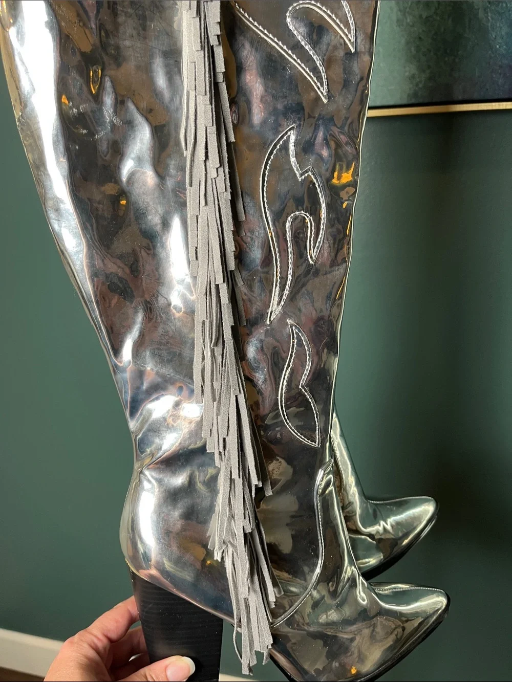 Silver Metallic Over-the-Knee Block Heel Cowgirl Boots